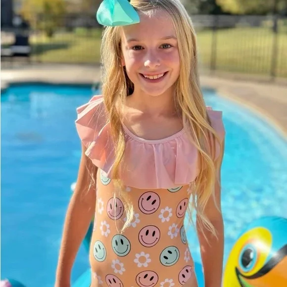 Girls Peach Smiles & Daisy Ruffle Neck One Piece Swimsuit